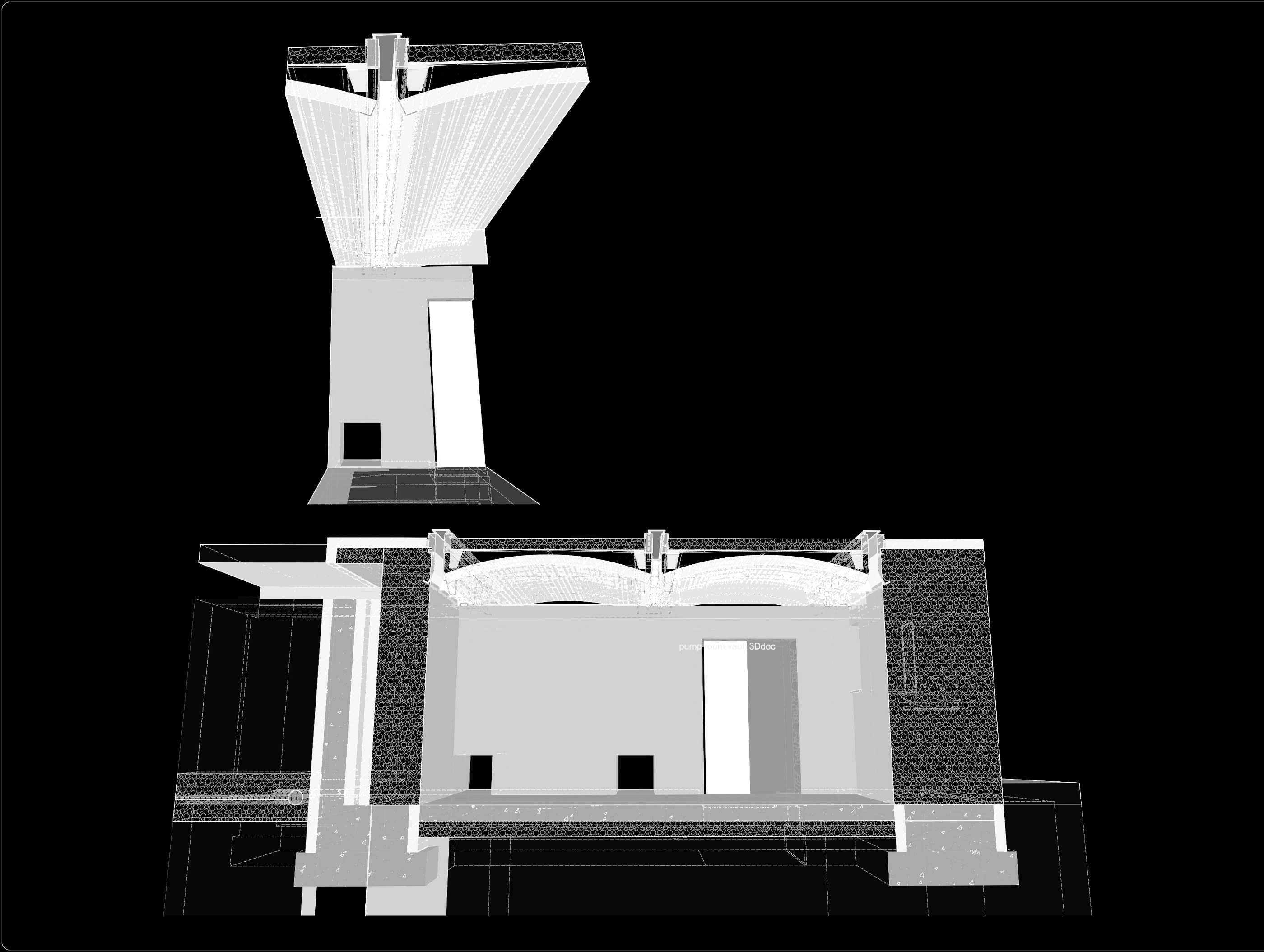 Pump room — elevation with the two vaults and the chimney
